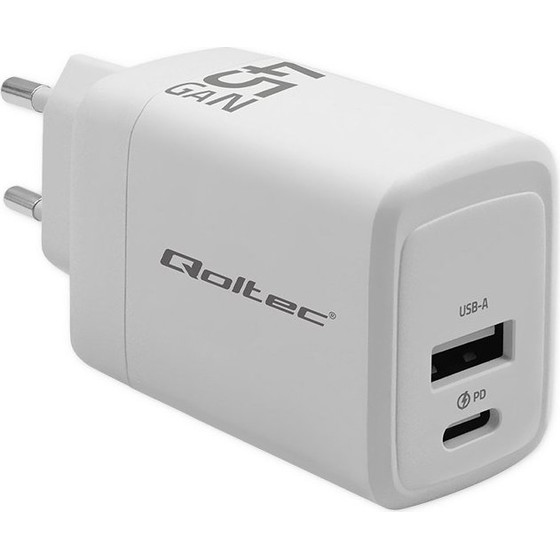 QOLTEC Gan 45W charger| 5-20V | 1.5-3A | 1 x USB-C Pd | 1x Usb Qc 3.0 | White - (51825)
