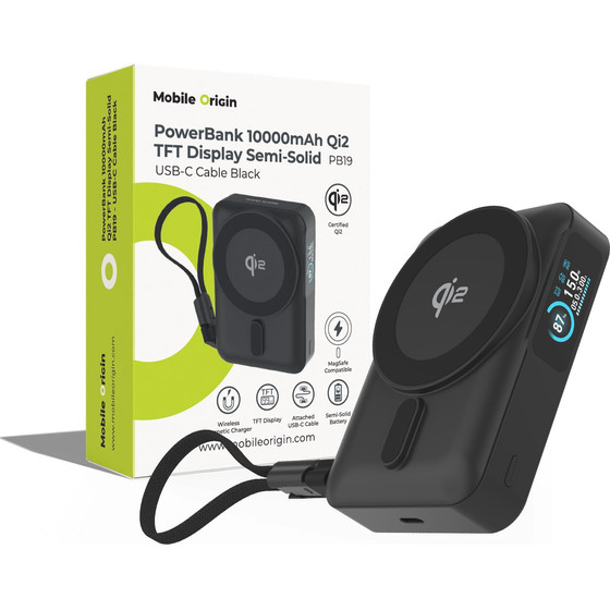 Mobile Origin 10000 Mah Qi2 Tft Display Semi-Solid Powerbank PB19 - USB-C Cable Black - (MO-TDS-PB19-BLK)