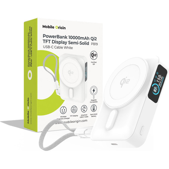 Mobile Origin 10000 Mah Qi2 Tft Display Semi-Solid Powerbank PB19 - USB-C Cable White - (MO-TDS-PB19-WHT)