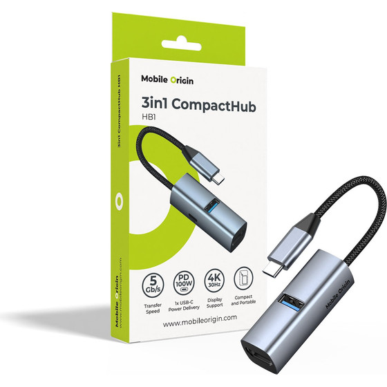Mobile Origin 3in1 Compacthub HB1 - USB-A, USB-C, HDMI, USB-C Cable - (MO-31CH-HB1)