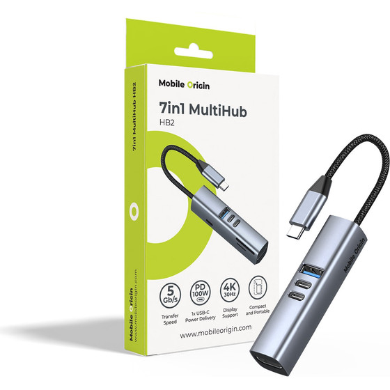 Mobile Origin 7in1 Multihub HB2 - 3x USB-C, USB-A, HDMI, TF/Sd Cards, USB-C Cable - (MO-71MH-HB2)