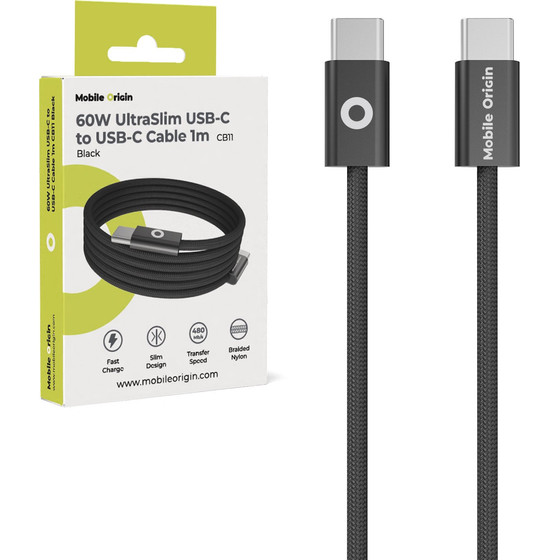 Mobile Origin 60W Ultraslim USB-C To USB-C Cable 1 m CB11 Black - (MO-USC-CB11-BLK)