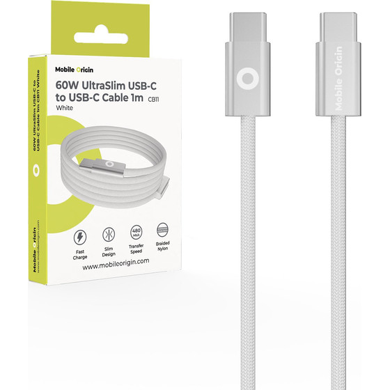Mobile Origin 60W Ultraslim USB-C To USB-C Cable 1 m CB11 White - (MO-USC-CB11-WHT)