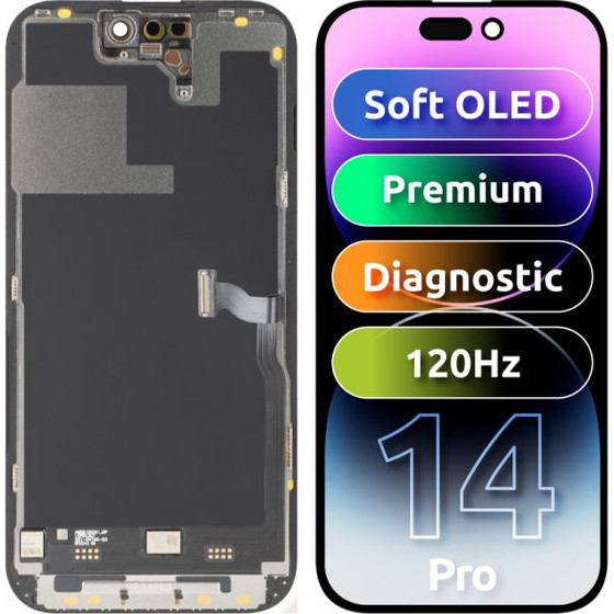 MP Lcd Display Module For Apple Iphone 14 Pro, Premium Soft Oled Fhd 120Hz Diagnostic Version, Aftermarket, Black