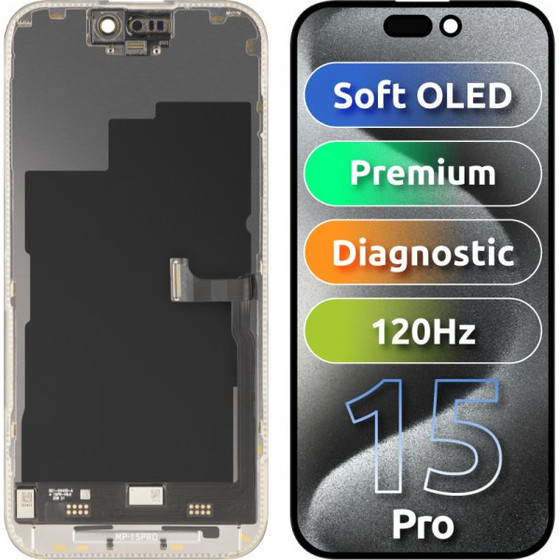 MP Lcd Display Module For Apple Iphone 15 Pro, Premium Soft Oled Fhd 120Hz Diagnostic Version, Aftermarket, Black