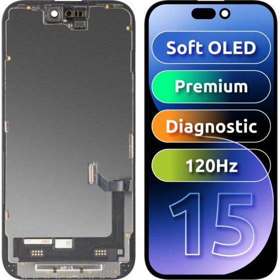 MP Lcd Display Module For Apple Iphone 15, Premium Soft Oled Fhd 120Hz Diagnostic Version, Aftermarket, Black