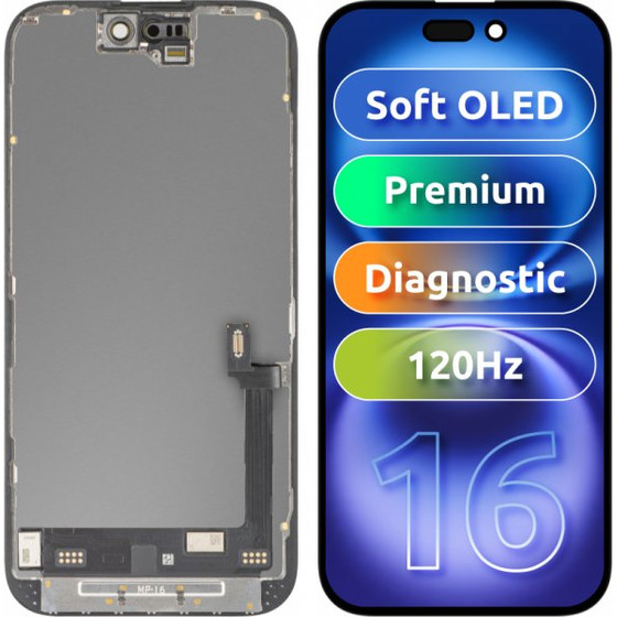 MP Lcd Display Module For Apple Iphone 16, Premium Soft Oled Fhd 120Hz Diagnostic Version, Aftermarket, Black