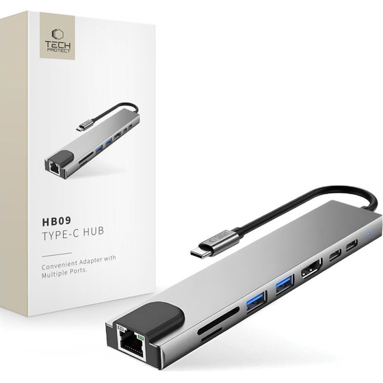 Tech-Protect HB09 Hub Adapter 8IN1 TYPE-C + USB-A3.0 + USB-C3.0 + Hdmi 4K 60HZ + SD/Tf + PD100W + RJ45 1000MB/S Space GREY