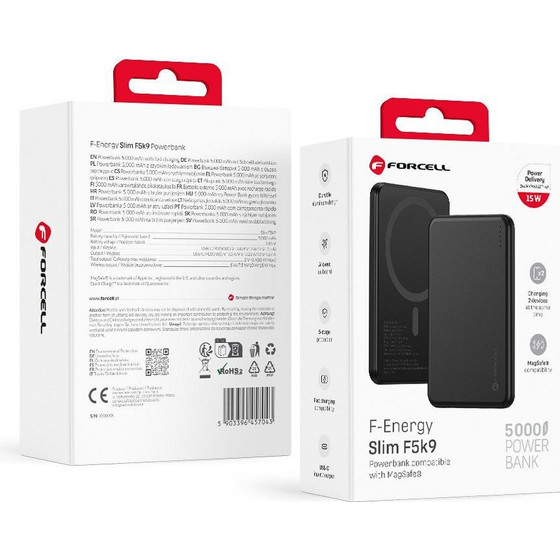 FORCELL Powerbank Compatible With Magsafe F-Energy Slim F5K9 QC4.0 PD3.0 15W 5000 Mah black