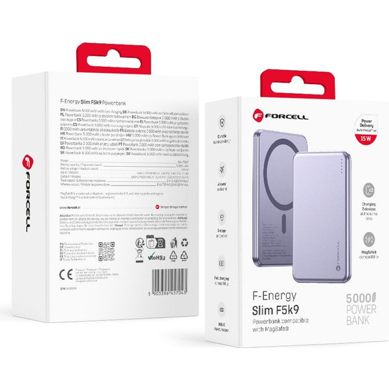 FORCELL Powerbank Compatible With Magsafe F-Energy Slim F5K9 QC4.0 PD3.0 15W 5000 Mah purple