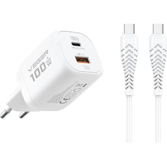 Veger Phone Charger Usb A + Type C Pd Super Charge Pps 100W + Data Cable Type C To C 240W TR150 white