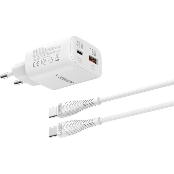 Veger Phone Charger Usb A + Type C Pd Super Charge Pps 45W + Data Cable Type C To C 100W TR101 white