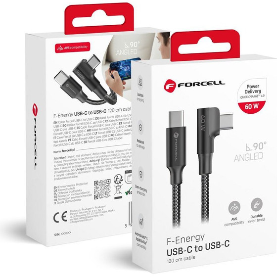 FORCELL Cable Usb C To Usb C F-Energy QC4.0 Pd 5A 100W Cafule 90� 2 m CC-1DEg black