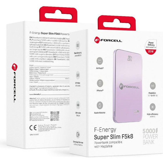 FORCELL Powerbank Compatible With Magsafe F-Energy Superslim F5K8 QC4.0 PD3.0 15W 5000 Mah purple