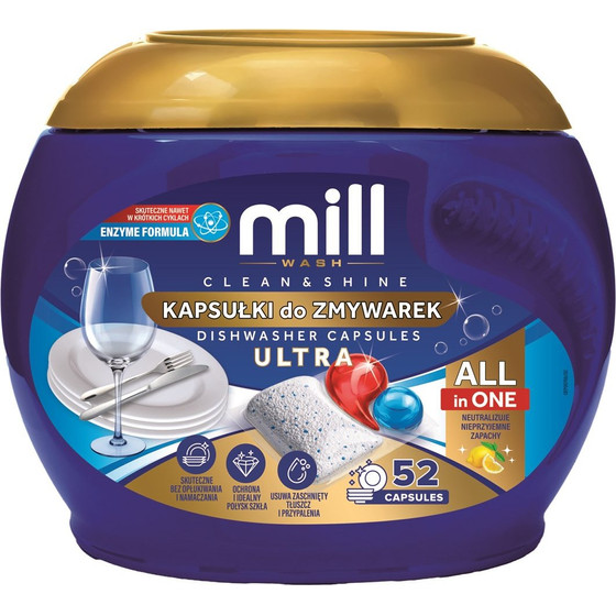 MADONIS Mill CLEAN&Shine Ultra 52 Dishwasher Capsules, 3kg - (Mill Kapsulki Do Zmywarek Ultra)