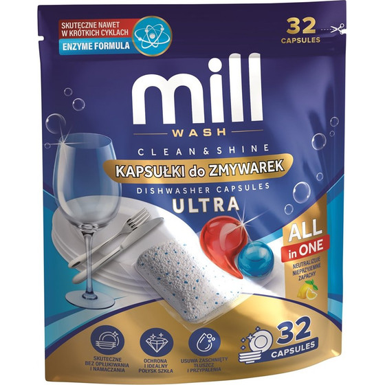 MADONIS Mill CLEAN&Shine Ultra Dishwasher Capsules, 32 capsules, 3K.D - (Mill Kapsulki Do Zmywarek ULTRA)