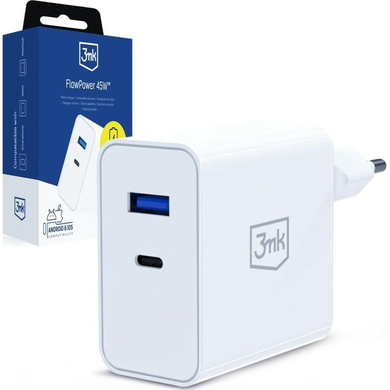 3MK Flowpower Wall Charger USB-A + USB-C 45W Pd 3.0 QC4+ white