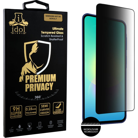 Idol 1991 Premium Privacy Antispy Tempered Glass Samsung A27 5G A276 6.7in 9H 0.25mm Semi Curved Full Glue BLACK
