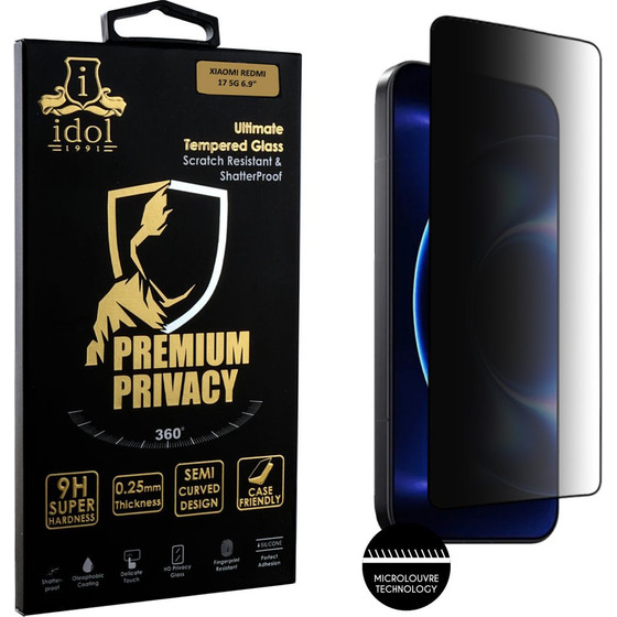 Idol 1991 Premium Privacy Antispy Tempered Glass Xiaomi Redmi 17 5G 6.9in 9H 0.25mm Semi Curved Full Glue BLACK