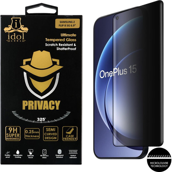 Idol 1991 Privacy Antispy Tempered Glass Oneplus 15 5G 6.78in 9H 0.25mm Semi Curved Full Glue Finger Unlock BLACK