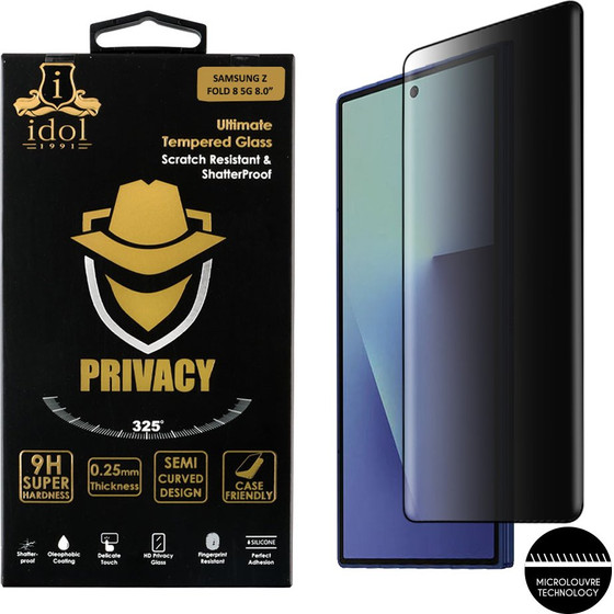 Idol 1991 Privacy Antispy Tempered Glass Samsung Z Fold 8 5G 8.0in 9H 0.25mm Semi Curved Full Glue BLACK