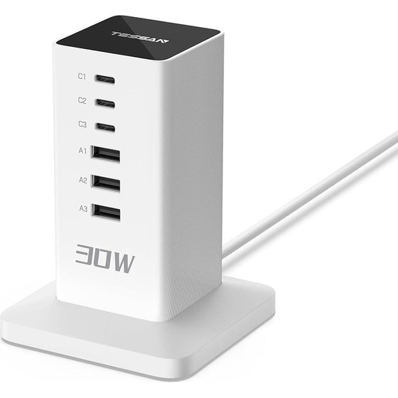 Tessan 6 In 1 Tower Power Strip 3XUSB, 3XTYPE-C 30W 2M White - (TS-CS04)