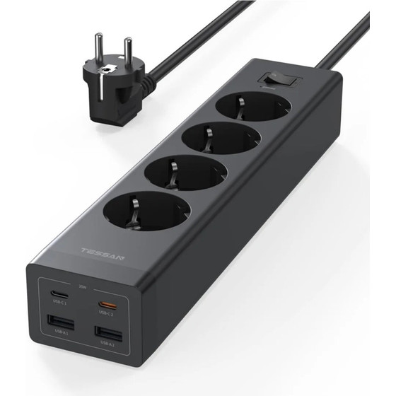 Tessan 8 In 1 Power Strip 4XSHUCKO, 2XUSB, 2XTYPE-C 20W 2M Black - (TS-PS03DE00)