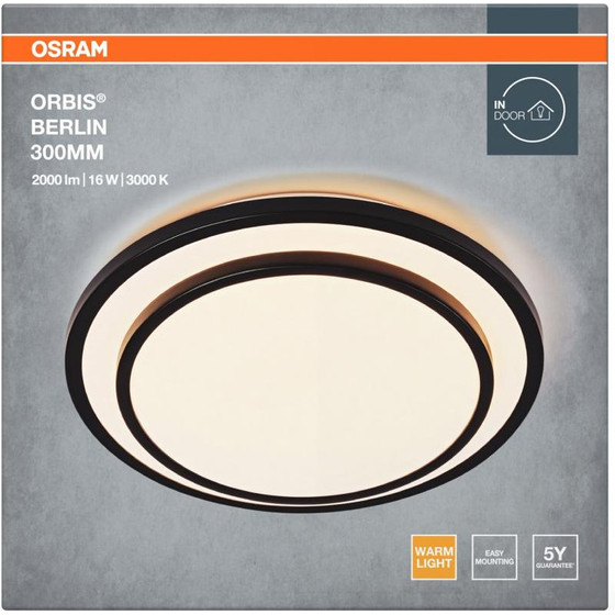 Osram Ceiling Light Led Orbis Berlin 300, 16W, 2000 lm,Light Range hood(3000K), IP20, O30cm, metal/plastic, Black