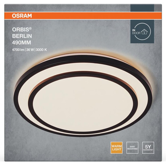 Osram Ceiling Light Led Orbis Berlin 490, 36W, 4700 lm,Light Range hood(3000K), IP20, O49cm, metal/plastic, Black