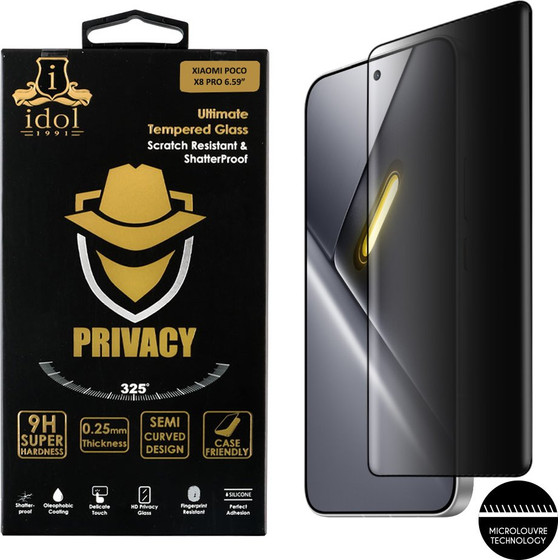 Idol 1991 Privacy Antispy Tempered Glass Xiaomi Poco X8 Pro 6.59in 9H 0.25mm Semi Curved Finger Unlock Full Glue BLACK