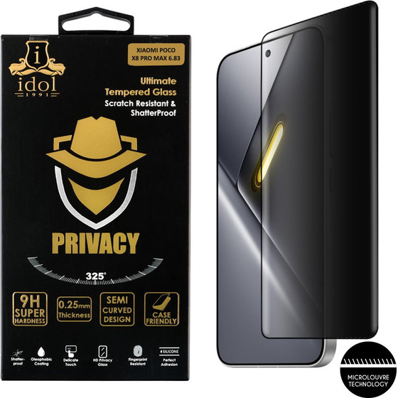 Idol 1991 Privacy Antispy Tempered Glass Xiaomi Poco X8 Pro Max 6.83in 9H 0.25mm Semi Curved Finger Unlock Full Glue BLACK