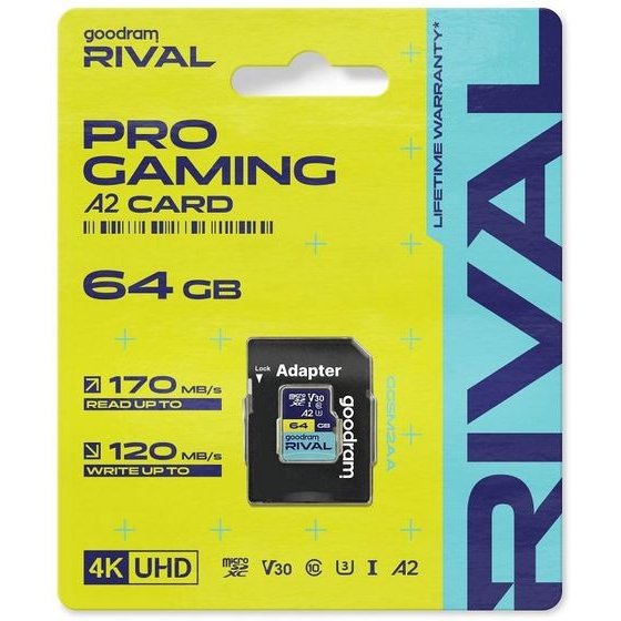 GoodRAM Rival Memory Card Microsd 64GB 100MB/s Class 10 UHS-I V30 A2 With Adapter SD