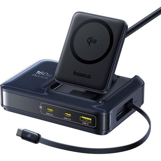 Baseus - 5in1 Charging Station Nomos NH21 - With Retractable Cable, 3x Type-C, 1x USB, Qi2 Wireless Charging, 160W - Cosmic Black - (E0121700)