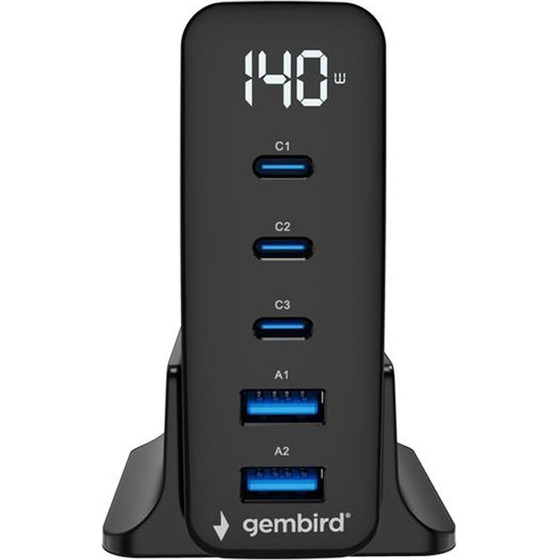 Gembird 5-Port 140W Gan Usb Fast Charger Black - (TA-UC-2A3C-PD140-01-BK)