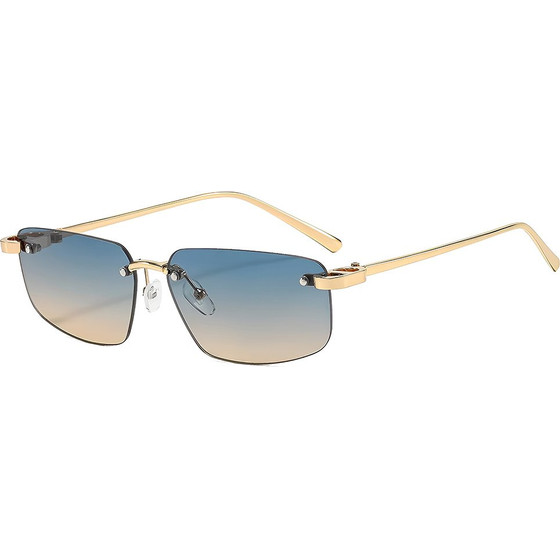 Techsuit - Sunglasses (S098) - Unisex, Rectangular Lens, Rimless, Sleek Metal Arms, Ultralight - Gold / Blue Tea