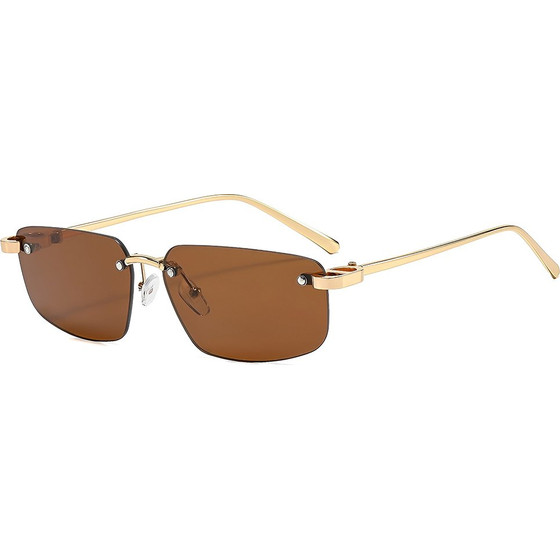 Techsuit - Sunglasses (S098) - Unisex, Rectangular Lens, Rimless, Sleek Metal Arms, Ultralight - Gold / Brown