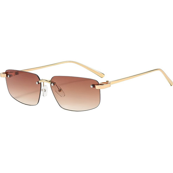 Techsuit - Sunglasses (S098) - Unisex, Rectangular Lens, Rimless, Sleek Metal Arms, Ultralight - Gold / Tea