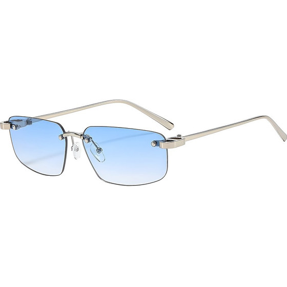 Techsuit - Sunglasses (S098) - Unisex, Rectangular Lens, Rimless, Sleek Metal Arms, Ultralight - Silver / Blue