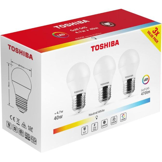Toshiba Led 3PAck G45 E27 4.7W 4000K - (DELS-GF444P727AE23)