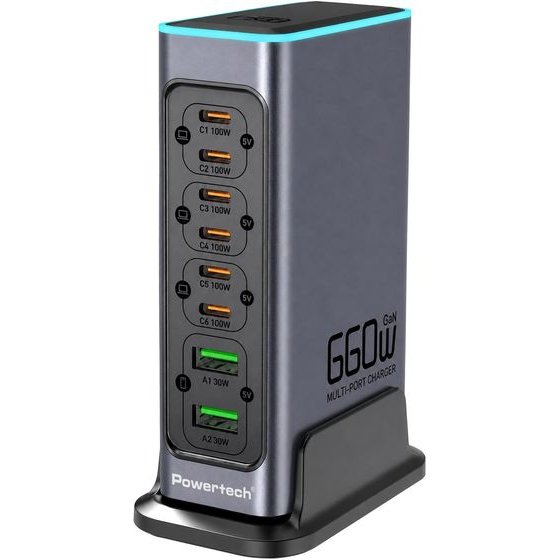 Powertech ������� �������� 2x Usb & 6x USB-C, GaN, 140W, ���� - (PT-1621)