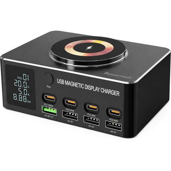 Powertech ������� �������� �� �����, 4x USB/4x USB-C/wireless, 140W, ������ - (PT-1625)