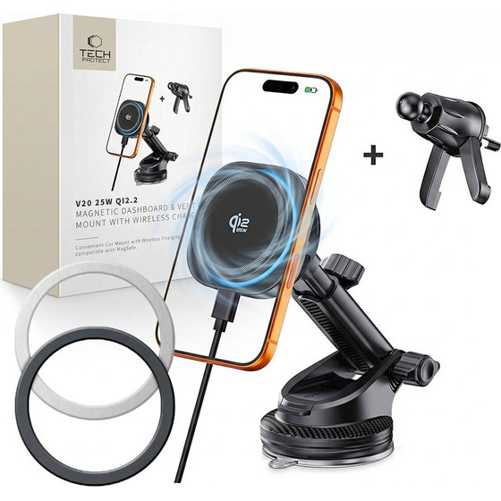 Tech-Protect V20 Arcticboost Magnetic Magsafe Dashboard & Vent Car Mount Wireless Charger 25W QI2.2 BLACK