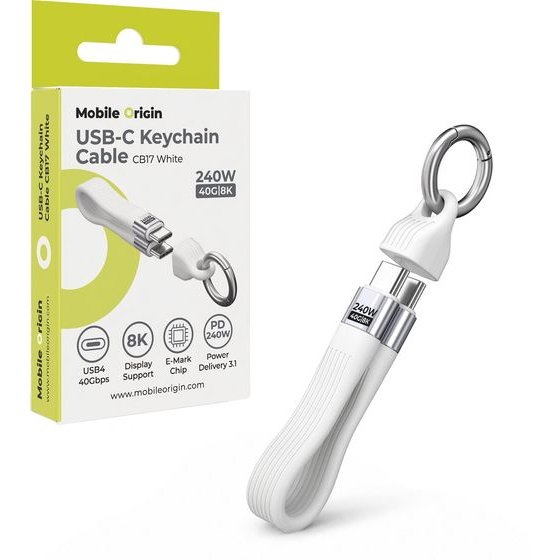 Mobile Origin 240W 40GBps 8K USB-C Keychain Cable CB17 White - (MO-UK-CB17-WHT)