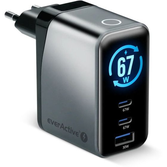 EVERACTIVE Charger Gan 1 x USB, 2 x USB-C Quick Charge 4+ 67W Black - (SC-670Q)