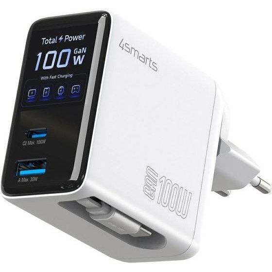 4sMarts Gan Flex Screen Ai 100W 2xUSB-C + USB-A Wall Charger White - (547100)
