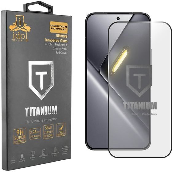 Idol 1991 Tempered Glass Xiaomi Poco X8 Pro Max 6.83'' 9H 0.25mm Titanium Semi Curved Full Glue BLACK