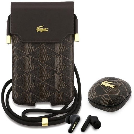 LACOSTE Set Tws Earbuds + Bag Universal Sleeve Crossbody Xl The Blend Metal Logo Brown - (LCBSTWSP17XPBSMW)