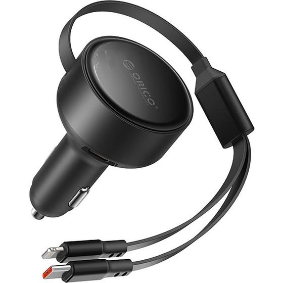 Orico Dual Stretch 60W USB-C Car Charger With Two Retractable USB-C + Lightning Cables - Black -DS-60-2C1L - (ORICO-DS-60-2C1L-BK-EP-HU)