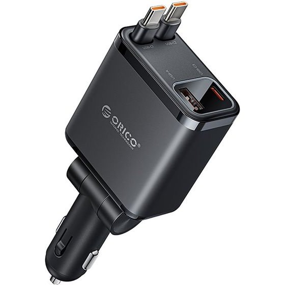 Orico Twin Reach 45W USB-A + USB-C Car Charger With Two Retractable USB-C Cables - Black -TR-45-1A3C - (ORICO-TR-45-1A3C-BK-EP-HU)