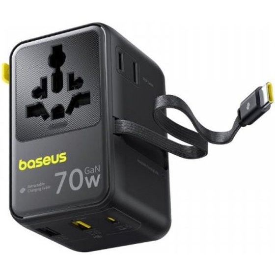Baseus Wall Charger Travel Enercore CG11, 70W, 10A, 1 x USB-C - 2 x Schuko - 2 x USB-A, With USB-C Cable, Black - (E0307E00)